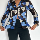 Vintage Regal Blue Chiffon Floral Button Up