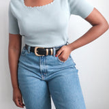 Blue Ribbed Knit Top with Scalloped Neck