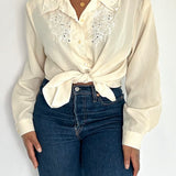 Vintage 80s Floral Embroidered Ivory Button Up Blouse