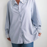 Blue and White Striped Ruffled Button Up