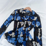 Vintage Regal Blue Chiffon Floral Button Up