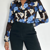 Vintage Regal Blue Chiffon Floral Button Up