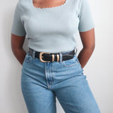 Blue Ribbed Knit Top with Scalloped Neck