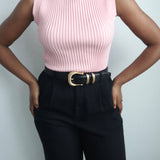 Pink Ribbed Sleeveless Turtleneck Top