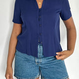 Vintage Navy Blue Short Sleeve Button Up Top