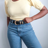 Butter Yellow Ribbed Knit Top with Puff Sleeves