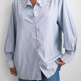 Blue and White Striped Ruffled Button Up