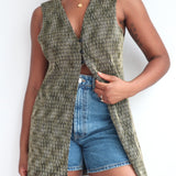 Vintage Sleeveless Green Textured Vest