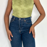 Vintage Green Textured Mock Neck Top