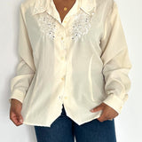 Vintage 80s Floral Embroidered Ivory Button Up Blouse